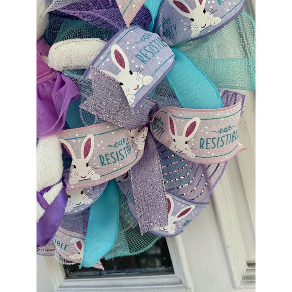 Purple Ballerina Bunny Rabbit Mesh Ribbon Easter & Spring Wreath Door Hanger xxx - Picture 4 of 7